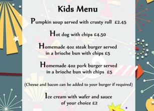 kids menu  - burger and fireworks night 2019